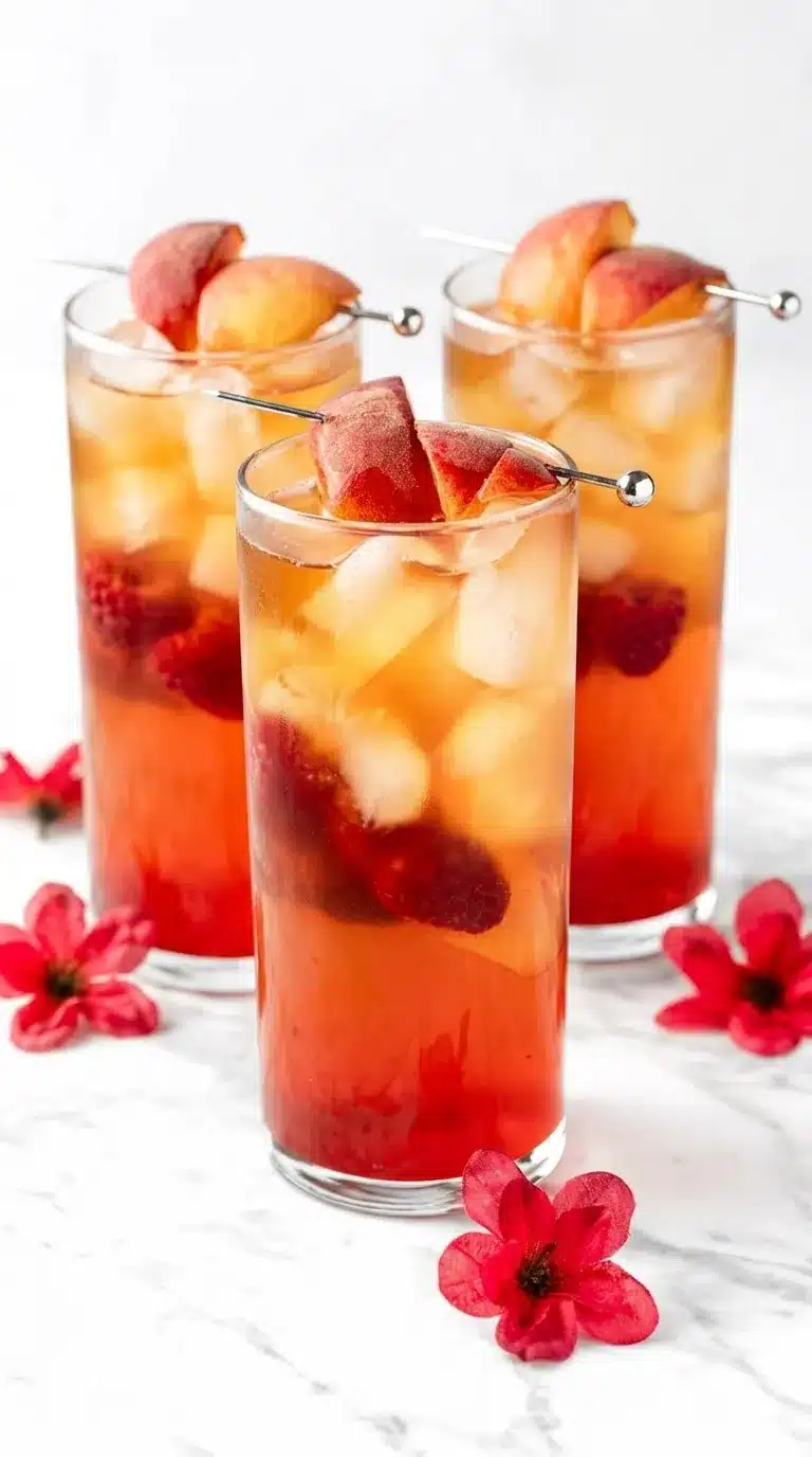 Bellini Peach Raspberry Iced Tea with fresh peaches, raspberries, and ice in a tall glass