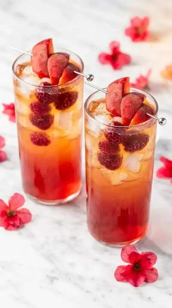 Bellini Peach Raspberry Iced Tea with fresh peaches, raspberries, and ice cubes