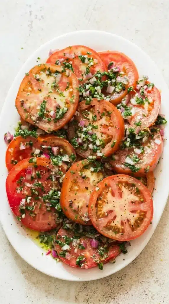 The Best Marinated Tomatoes Salad Easy Amazing Lunch 7 Fresh marinated tomato salad with herbs, onions, and olive oil dressing on a ceramic serving platter