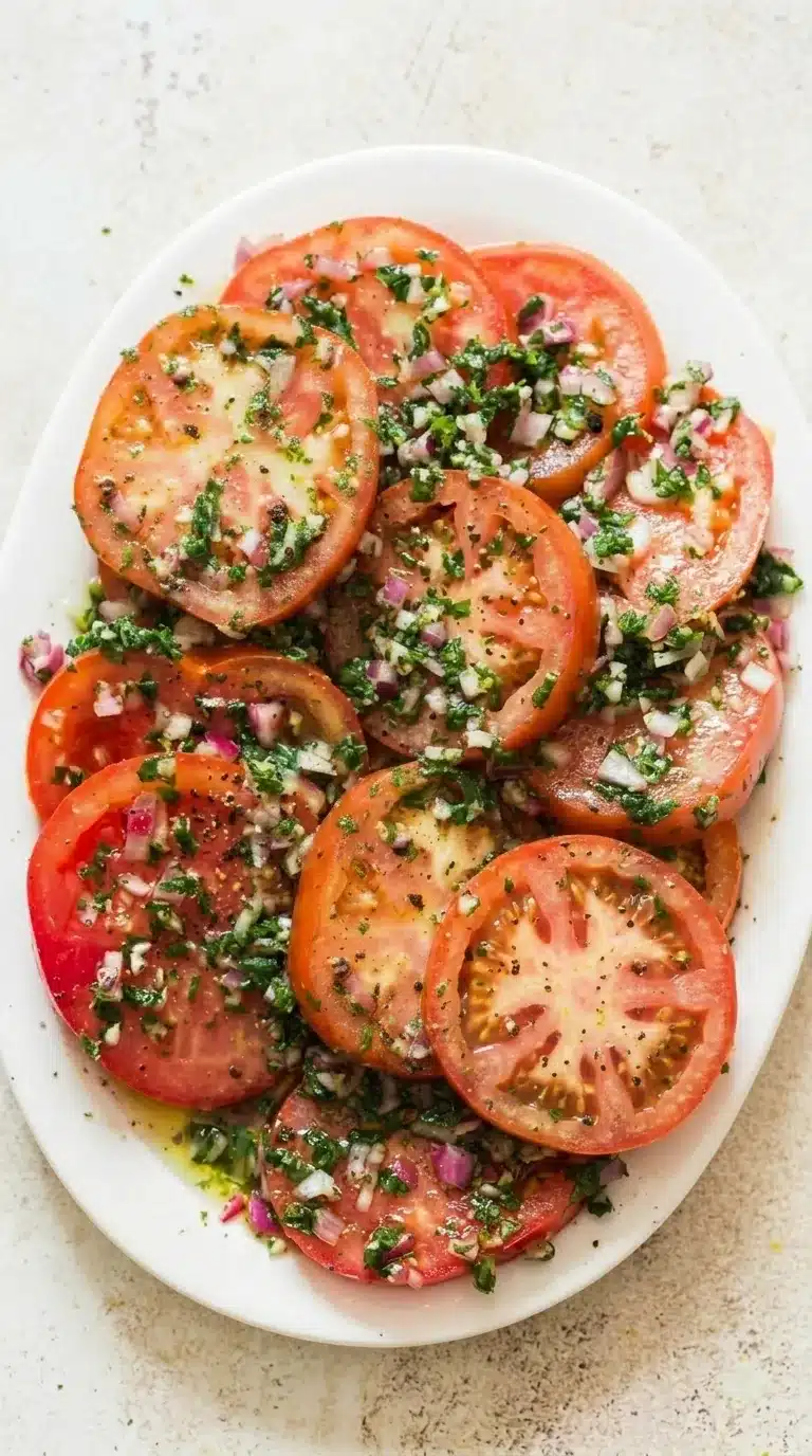 Fresh marinated tomato salad with herbs, onions, and olive oil dressing on a ceramic serving platter