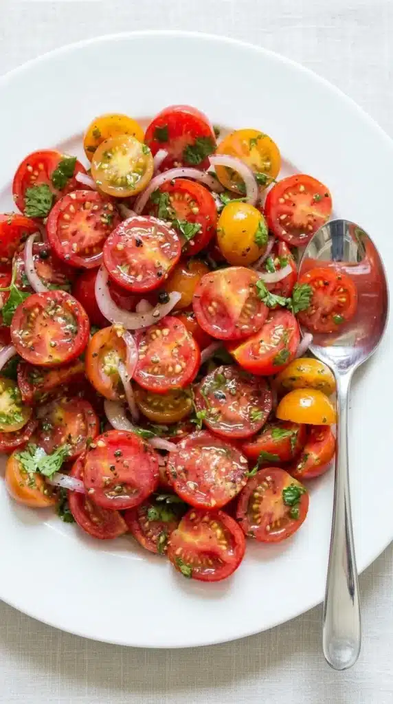 The Best Summer Cherry Tomato Salad That Tastes Amazing 9 The Best Summer Cherry Tomato Salad Recipe close up with marinated tomatoes