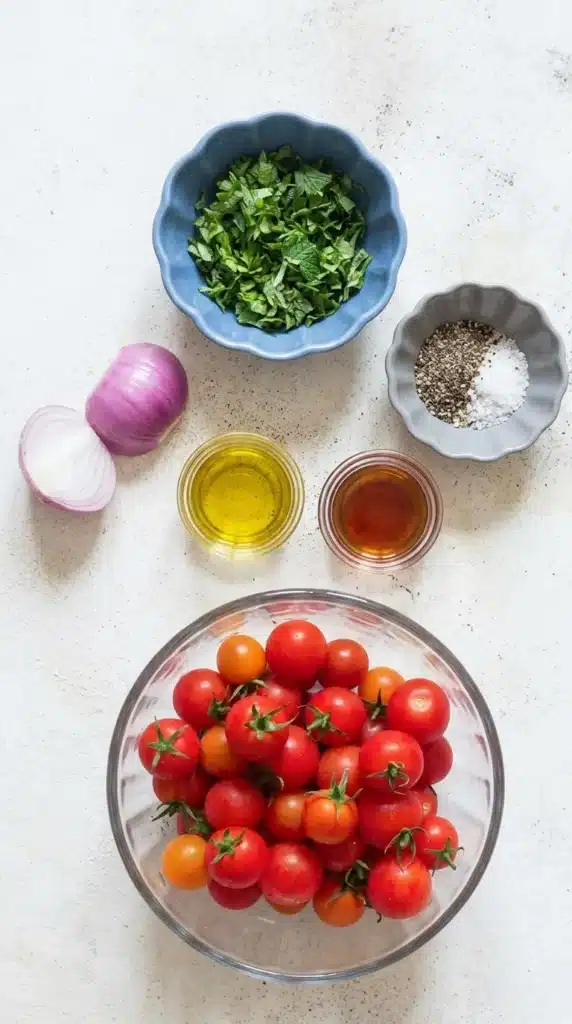 The Best Summer Cherry Tomato Salad That Tastes Amazing 7 The Best Summer Cherry Tomato Salad Recipe ingredients arranged in bowls