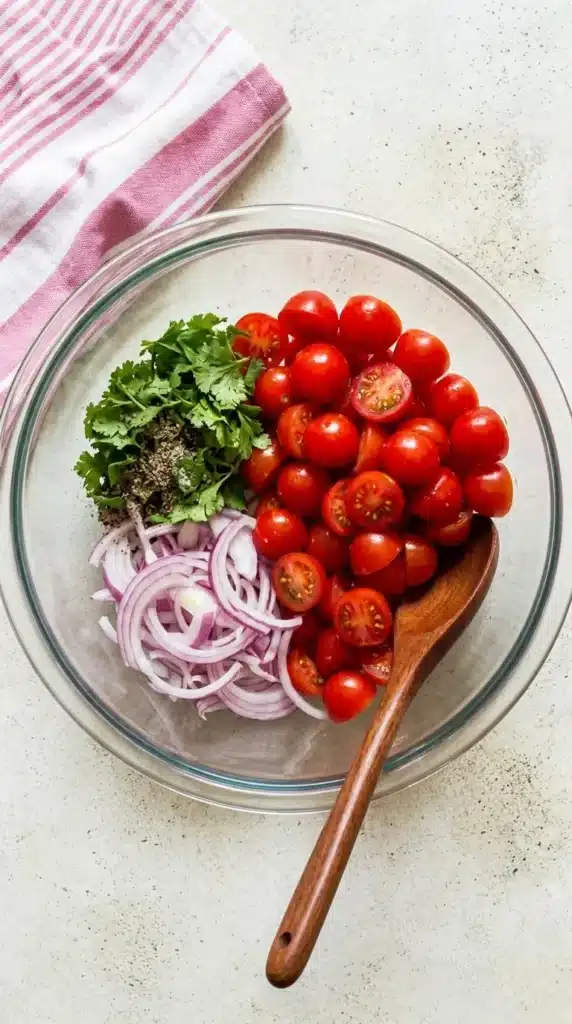 The Best Summer Cherry Tomato Salad That Tastes Amazing 8 The Best Summer Cherry Tomato Salad Recipe ingredients mixed in a glass bowl