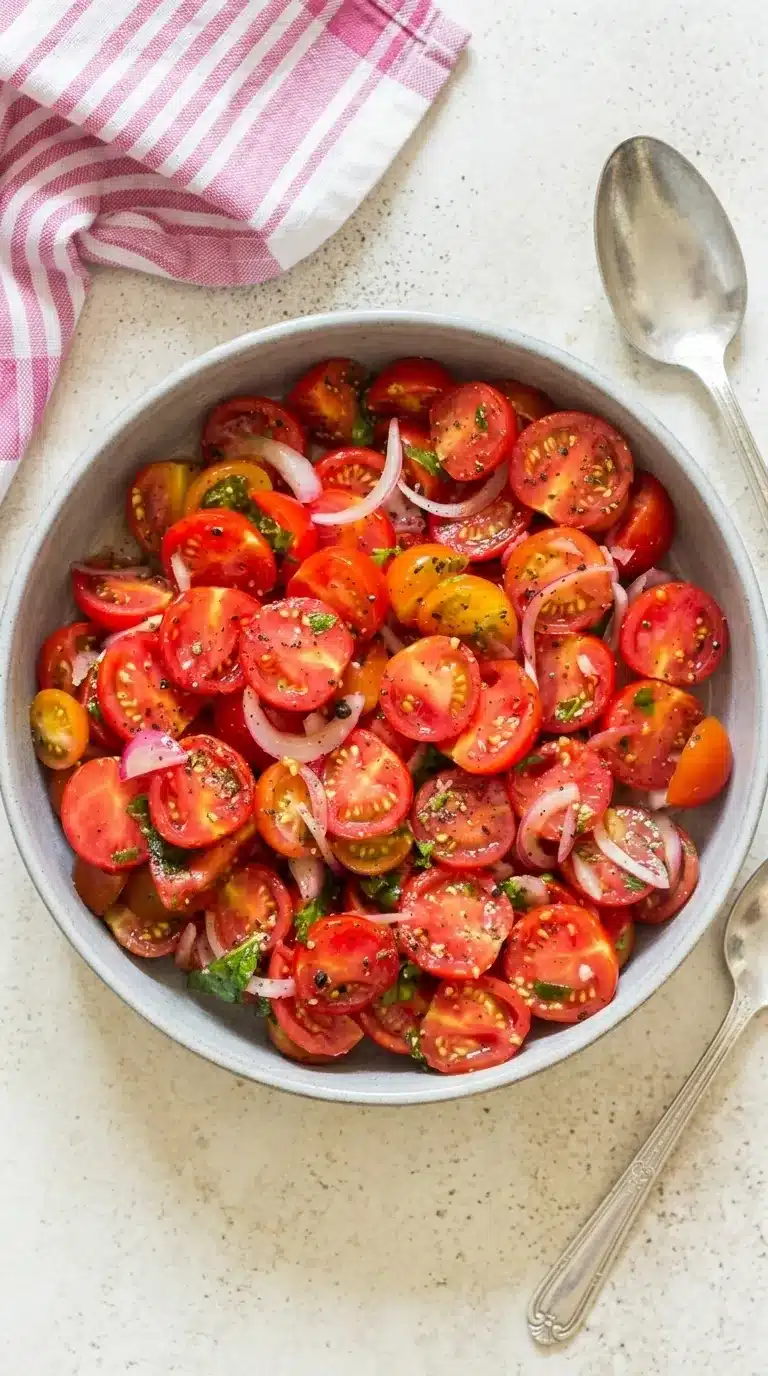 home 9 Fresh summer cherry tomato salad with basil and red onion in a rustic bowl