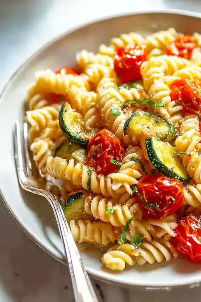 Best Weeknight Tomato Zucchini Pasta served with cherry tomatoes and zucchini