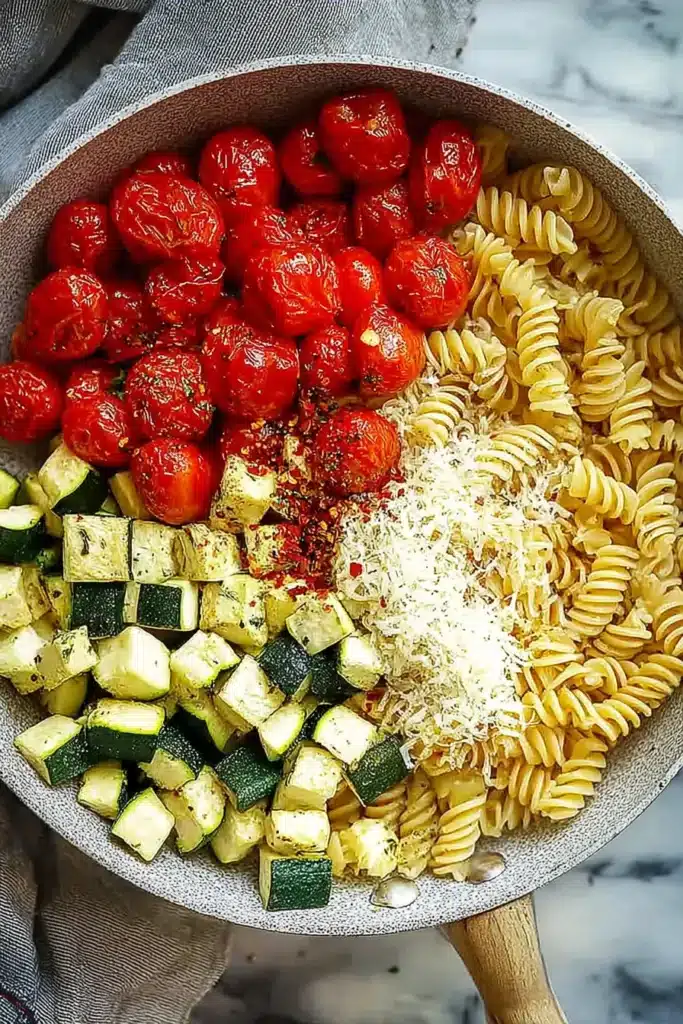 Best Weeknight Tomato Zucchini Pasta ingredients with fusilli zucchini and tomatoes