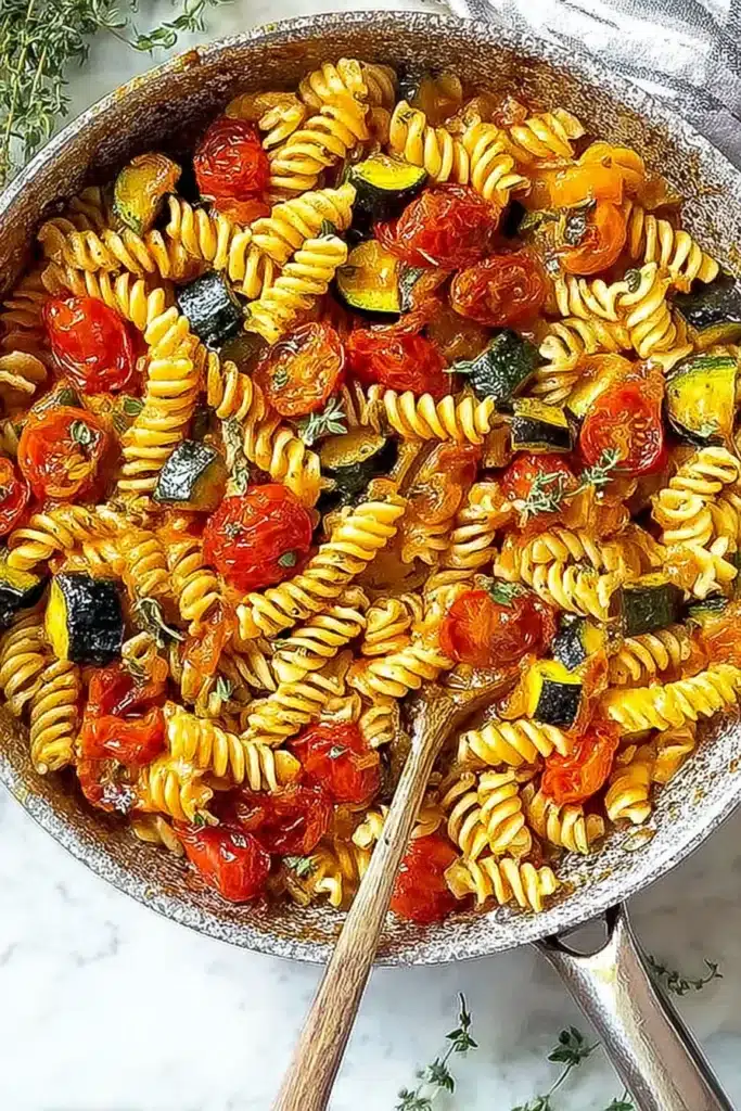 Best Weeknight Tomato Zucchini Pasta with fusilli, cherry tomatoes, and fresh zucchini