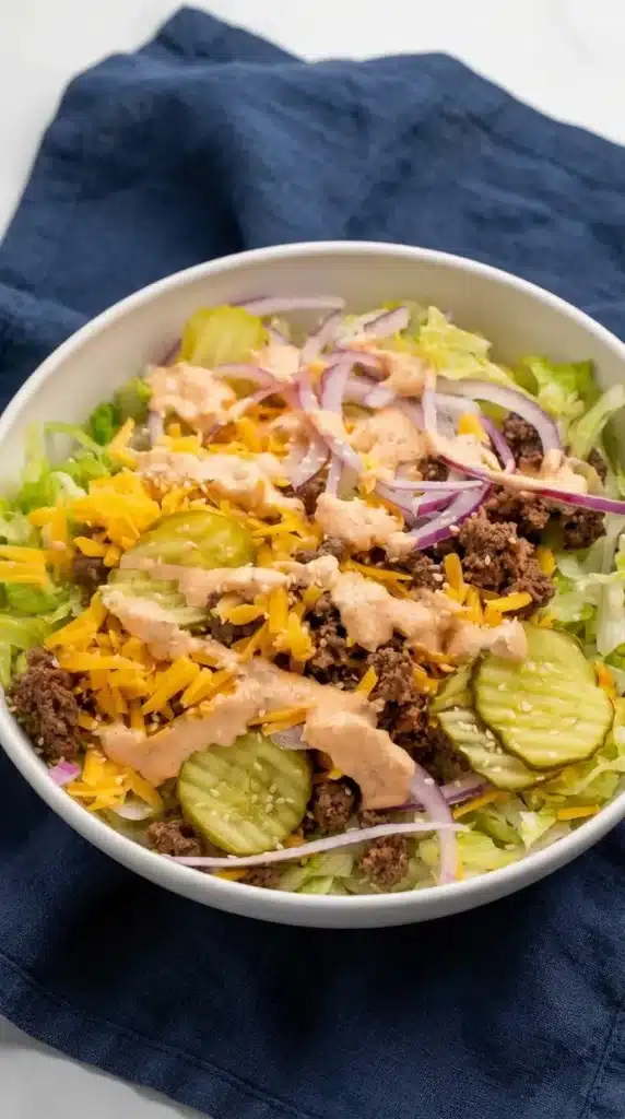 Big Mac Salad Recipe | Amazing Easy Low Carb Dinner 6 Big Mac Salad with cheddar cheese, pickles, beef, and creamy burger dressing