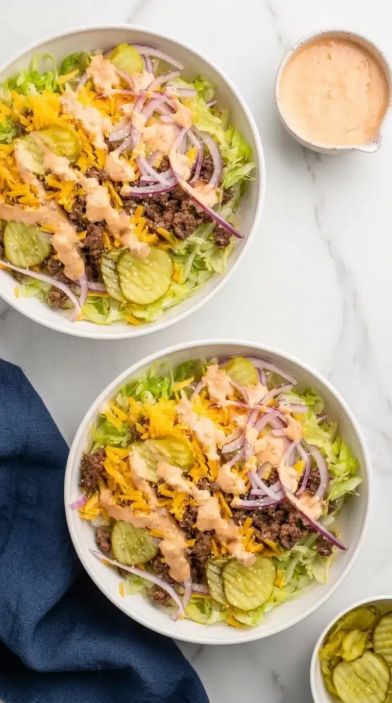 Big Mac Salad Recipe | Amazing Easy Low Carb Dinner 4 Big Mac Salad with ground beef, cheddar cheese, pickles, lettuce, and creamy burger sauce