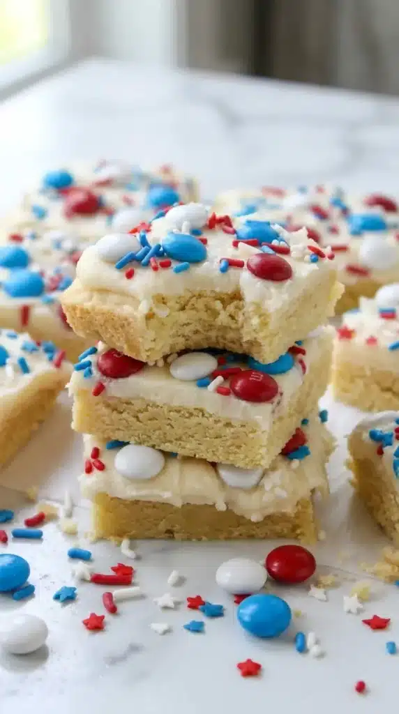 Bitten 4th of July Sugar Cookie Bars with creamy frosting and patriotic candies