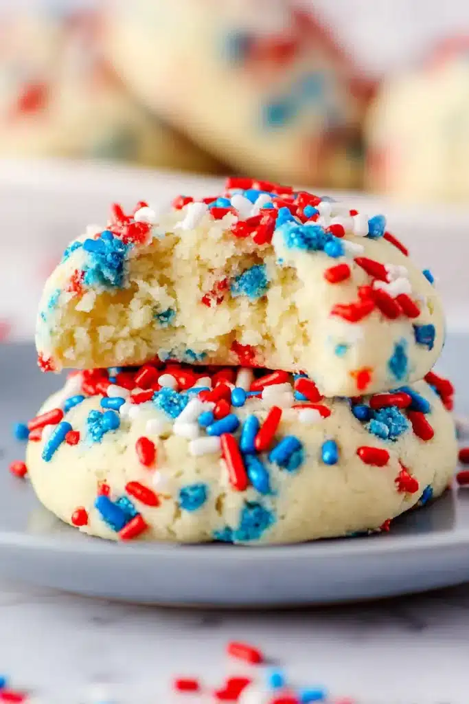 Bitten Patriotic Sprinkle Cookies showing soft buttery center
