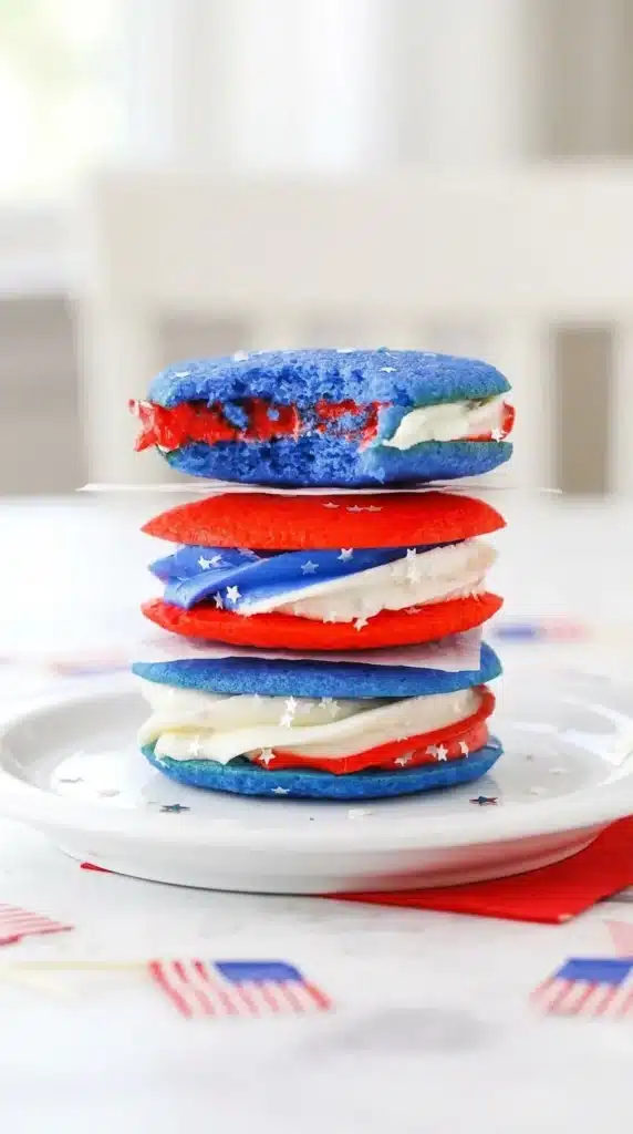 Bitten Red, White and Blue Cookie Sandwich with patriotic buttercream filling