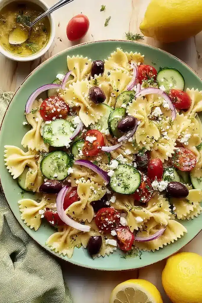 Irresistible Mediterranean Pasta Salad with feta, olives, cucumber and tomatoes