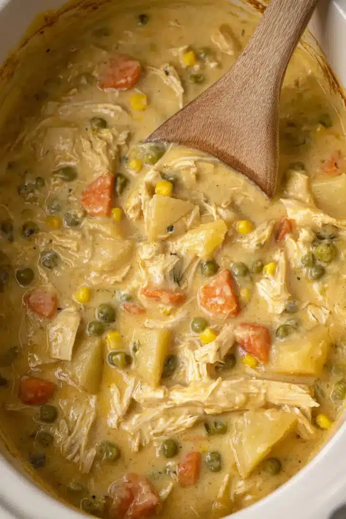 Crock Pot Chicken Pot Pie filling being stirred with creamy chicken and vegetables