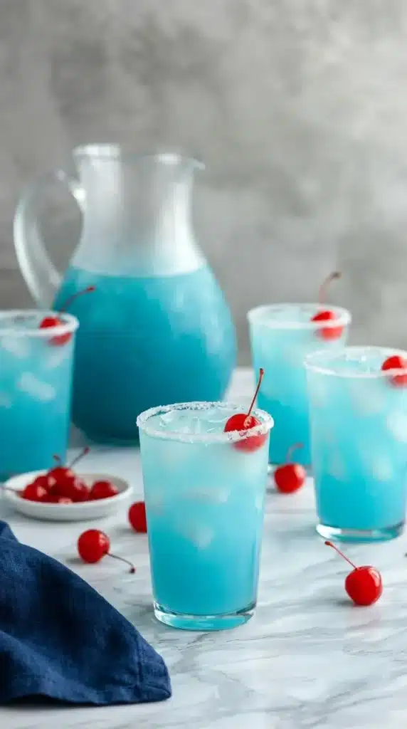 Blue Hawaiian Lemonade served in icy glasses with cherries and pitcher