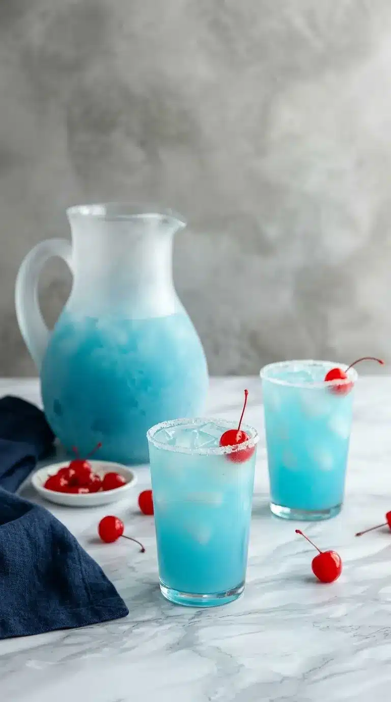 Blue Hawaiian Lemonade in icy glasses with cherries and frosted pitcher