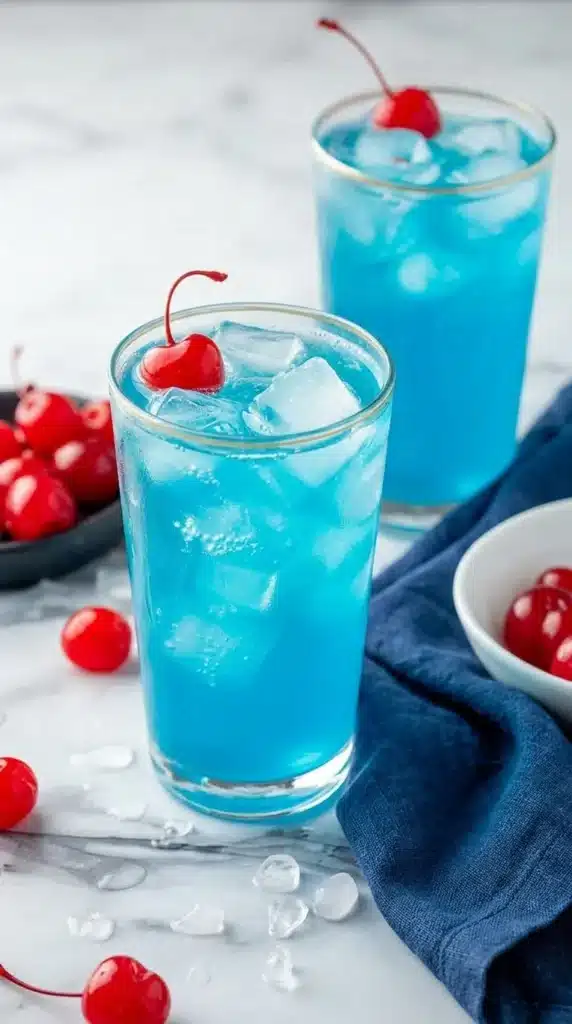 Blue Hawaiian Lemonade with ice cubes and cherries in a refreshing summer drink