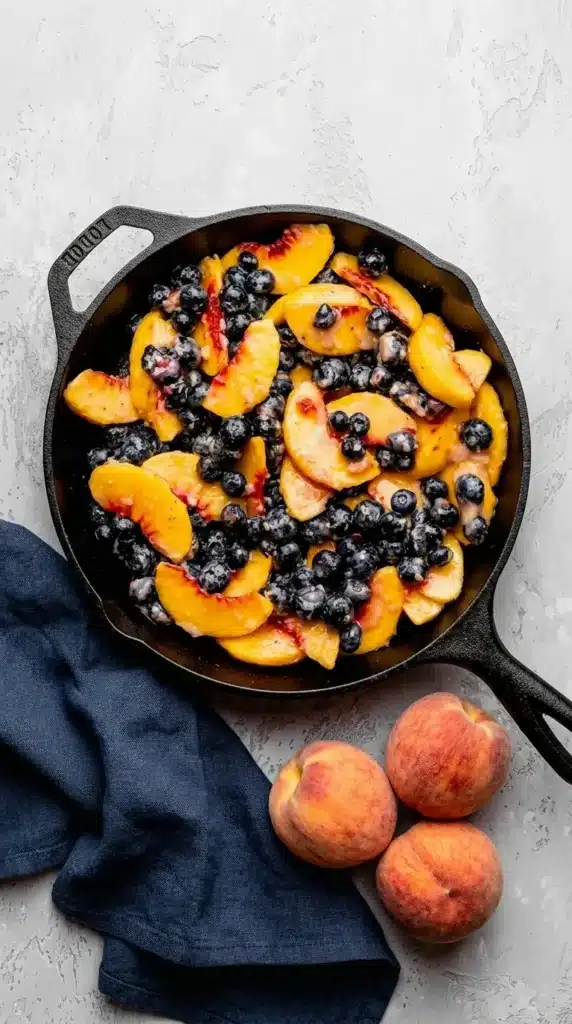 Blueberry Peach Crumble filling with fresh peaches and blueberries in baking dish