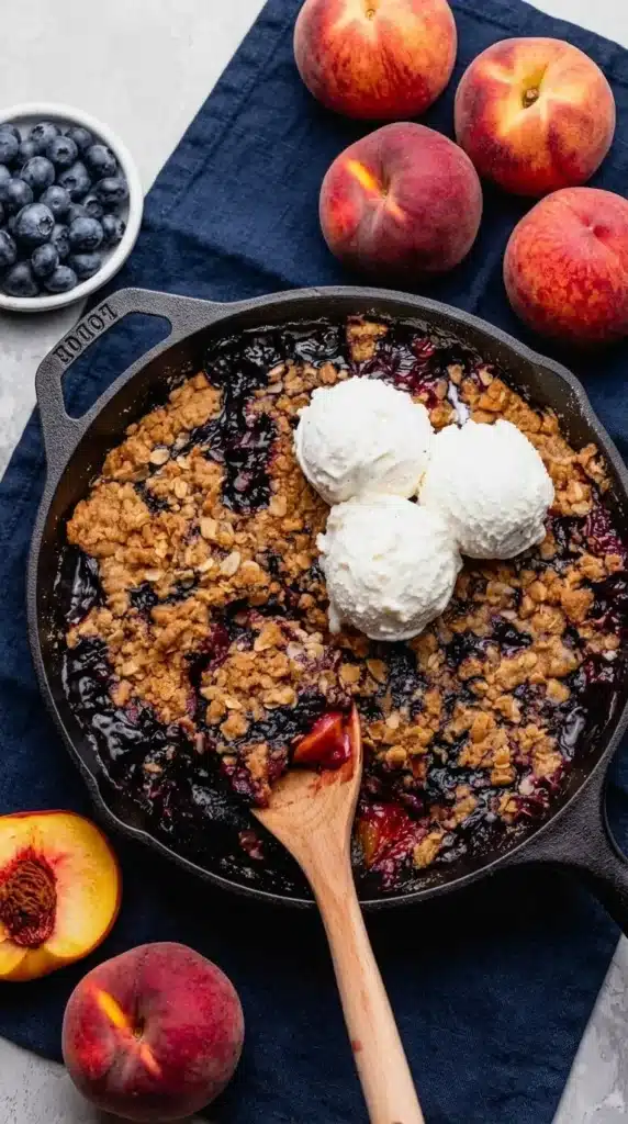 Blueberry Peach Crumble with vanilla ice cream in rustic baking dish