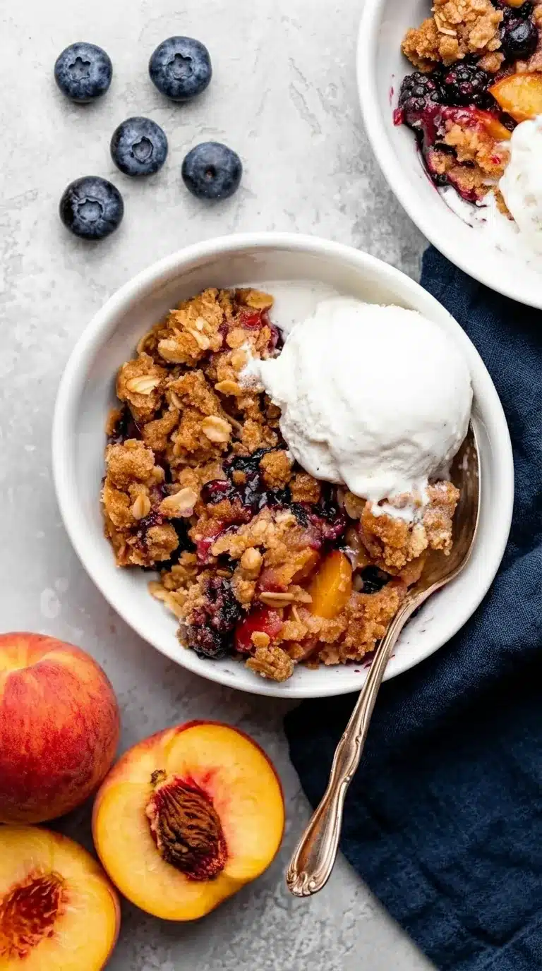Blueberry peach crumble with vanilla ice cream and buttery oat topping in a rustic bowl
