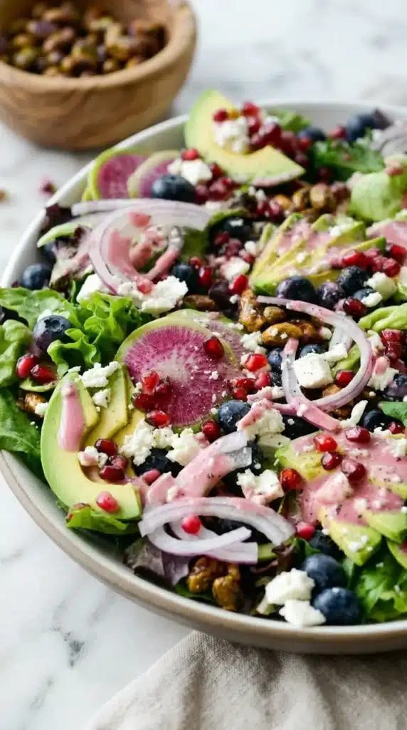 Blueberry Pistachio Spring Salad close up with avocado and dressing