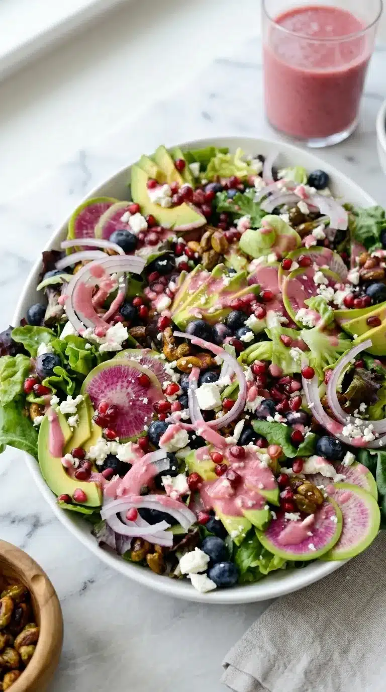 Blueberry Pistachio Spring Salad with avocado and pink dressing