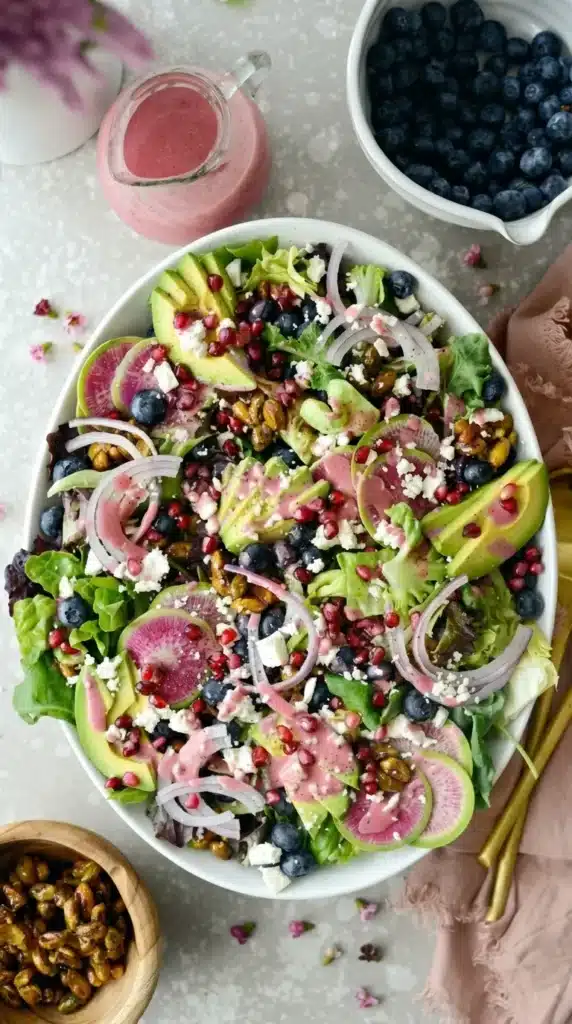 Blueberry Pistachio Spring Salad served with fresh toppings