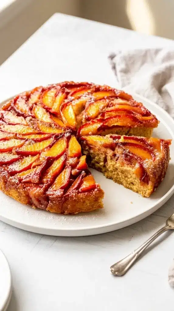Bourbon peach upside down cake with caramelized peaches and moist cinnamon cake