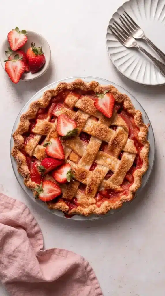 Brown Butter Strawberry Peach Pie with flaky lattice crust and fresh strawberries