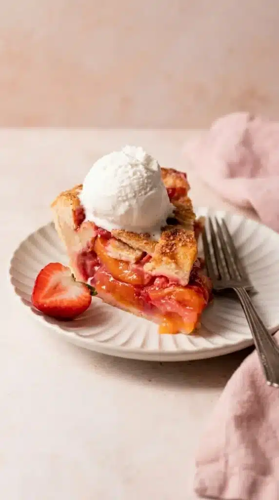 Brown Butter Strawberry Peach Pie slice with vanilla ice cream