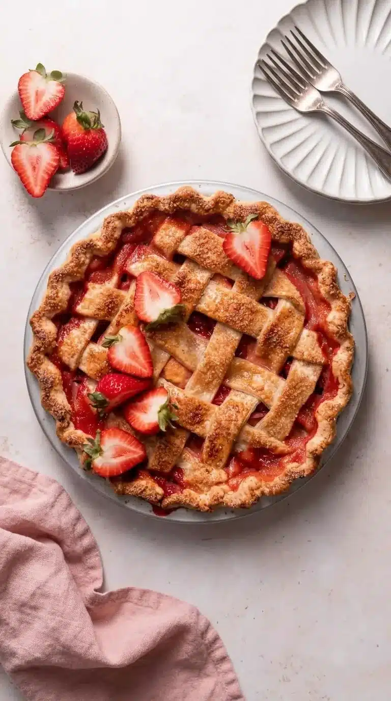 Brown Butter Strawberry Peach Pie with flaky lattice crust and fresh strawberries