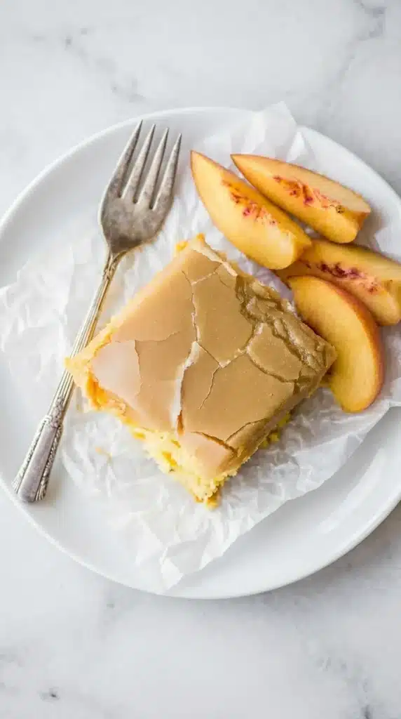 Brown Sugar Peach Cake with crackled caramel frosting and fresh peaches