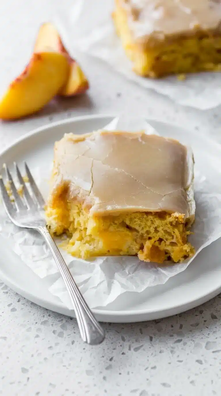 Brown Sugar Peach Cake slice with creamy frosting and fresh peach filling
