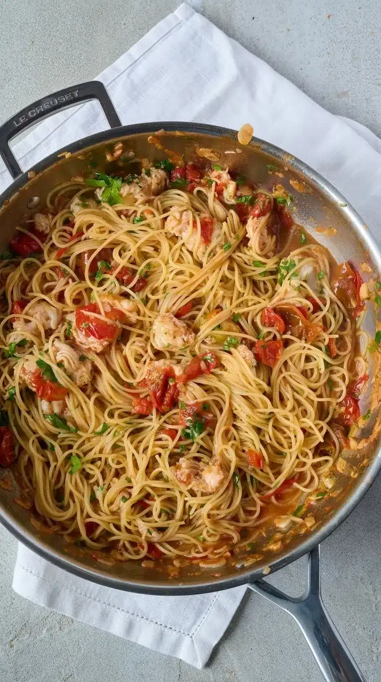 Buttered lobster pasta with spaghetti, lobster, and cherry tomatoes in skillet