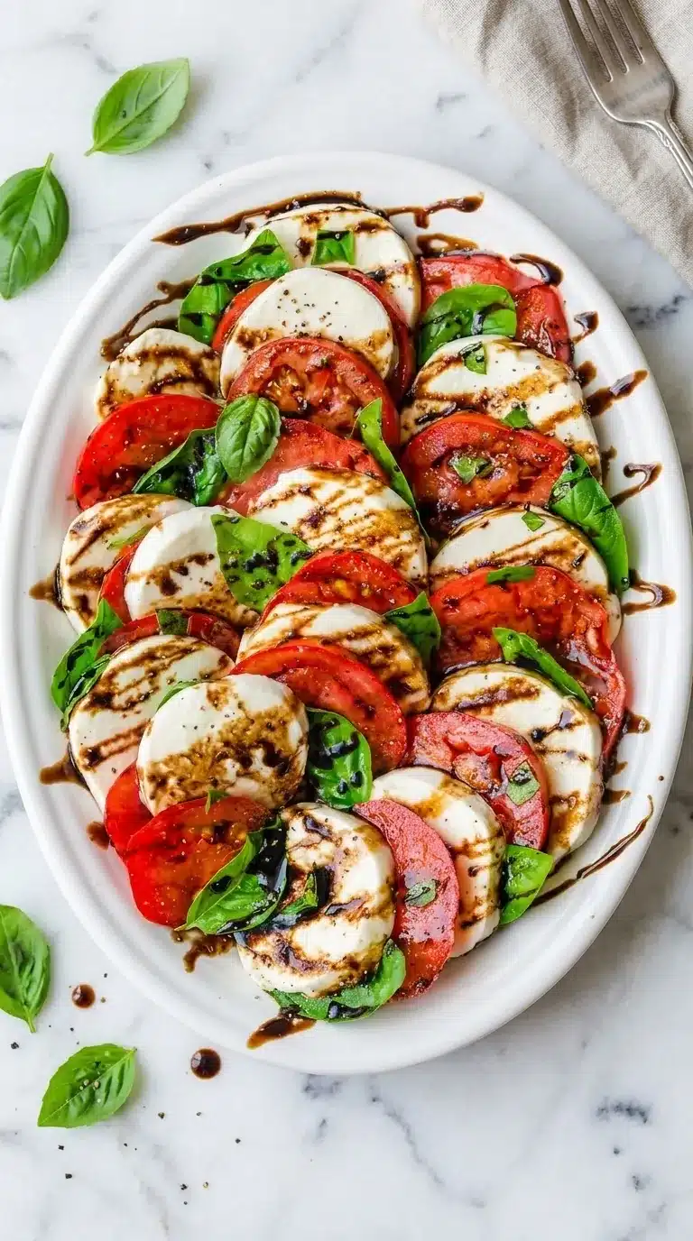 Caprese Salad with fresh mozzarella, tomatoes, basil, and balsamic glaze