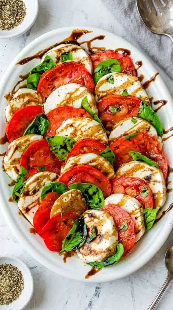 Fresh Caprese Salad with mozzarella, tomatoes, basil, and balsamic glaze on a serving platter
