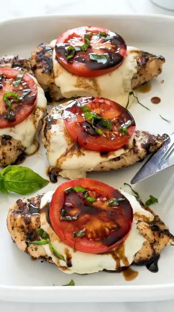 Chicken Caprese with mozzarella, tomato, basil, and balsamic glaze in baking dish
