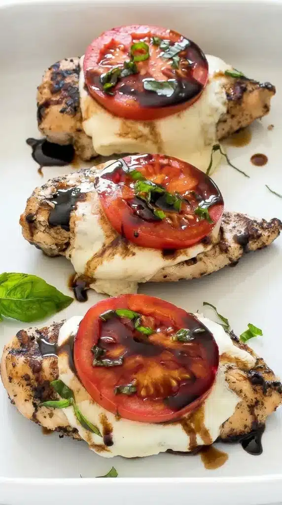 Chicken Caprese with melted mozzarella, tomato, basil, and balsamic glaze