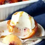 Cinnamon Sugar Baked Peaches with vanilla ice cream and caramel drizzle
