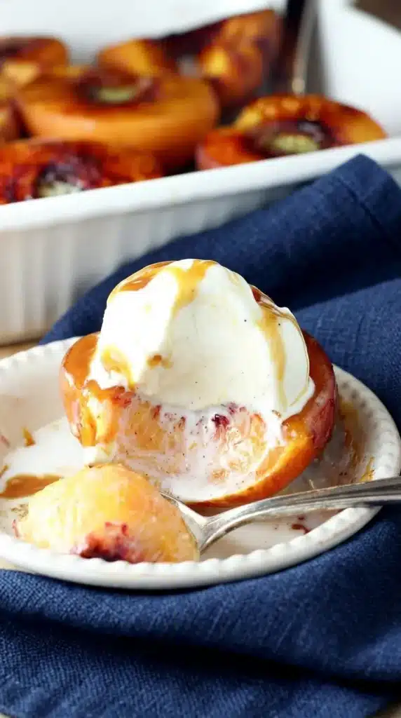 Cinnamon Sugar Baked Peaches with vanilla ice cream and caramel drizzle