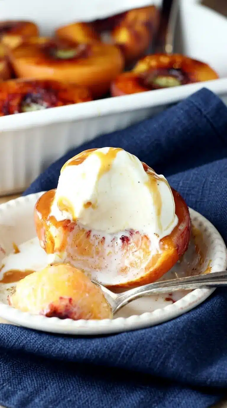 Cinnamon Sugar Baked Peaches with vanilla ice cream and caramel drizzle