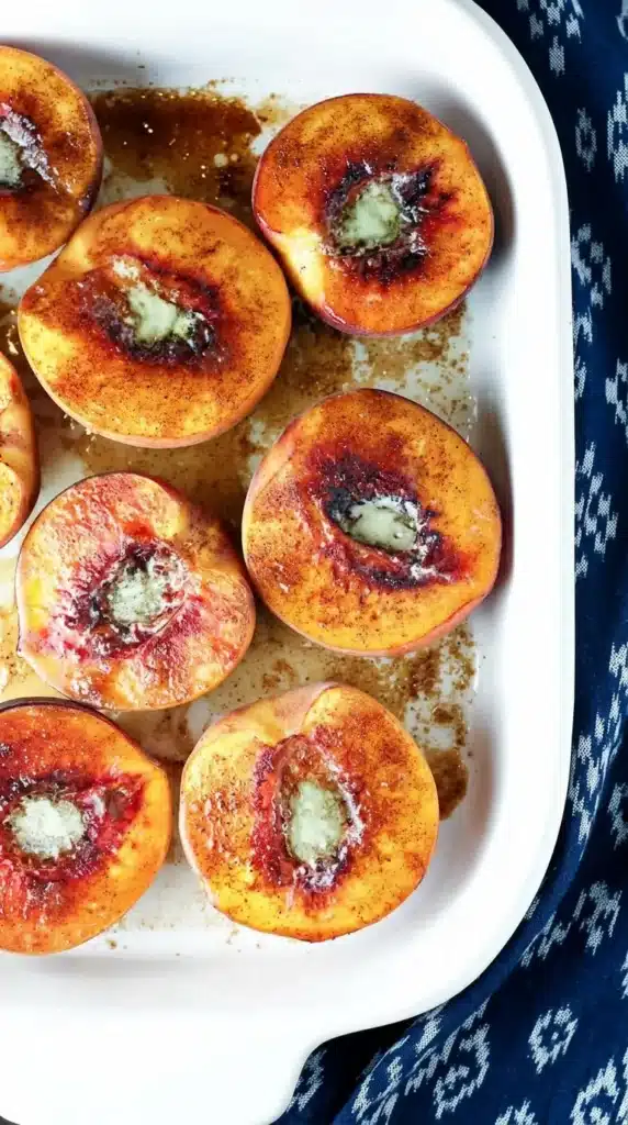 Cinnamon Sugar Baked Peaches with butter and cinnamon topping before baking