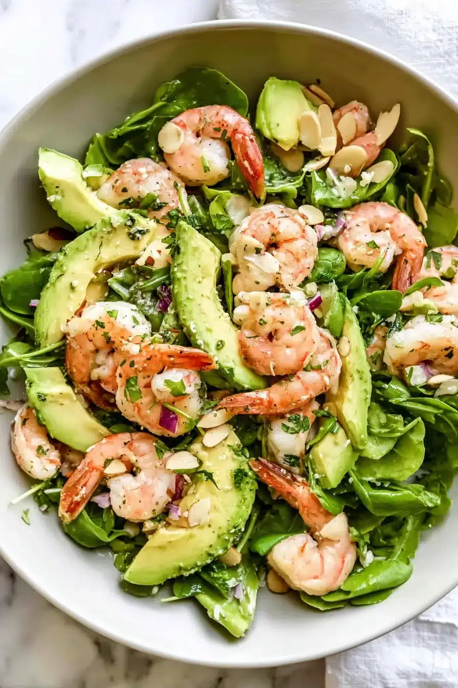 Citrus shrimp and avocado salad with mixed greens and toasted almonds