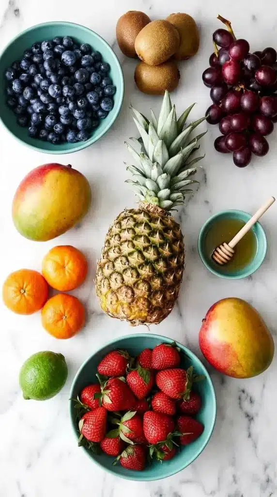 Classic Fruit Salad Recipe That Tastes Amazing 7 Classic Fruit Salad ingredients including strawberries, pineapple, kiwi, mango, grapes, and blueberries