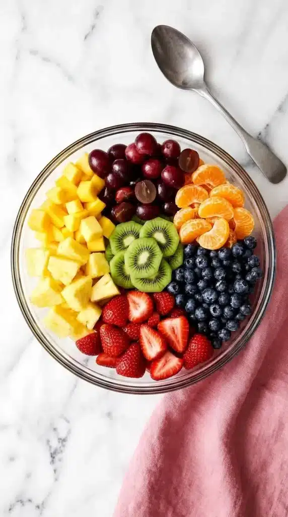 Classic Fruit Salad Recipe That Tastes Amazing 8 Classic Fruit Salad ingredients arranged in a glass bowl with strawberries, kiwi, pineapple, and grapes
