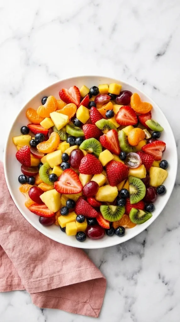 Classic Fruit Salad Recipe That Tastes Amazing 9 Classic Fruit Salad served on a platter with strawberries, kiwi, pineapple, grapes, and blueberries