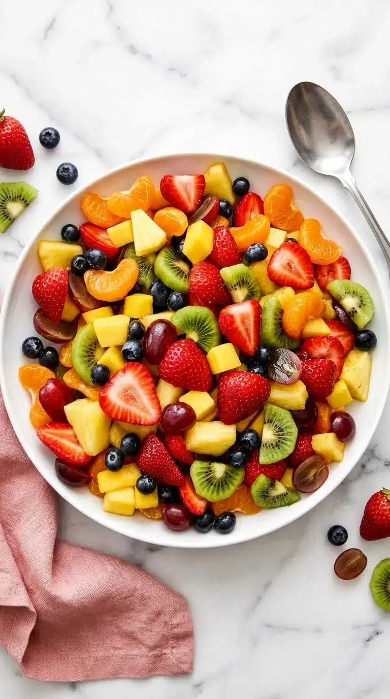 Classic fruit salad with strawberries, kiwi, pineapple, grapes, and blueberries in a white serving bowl