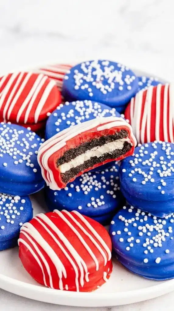 4th of July Chocolate Covered Oreos with red white and blue candy coating