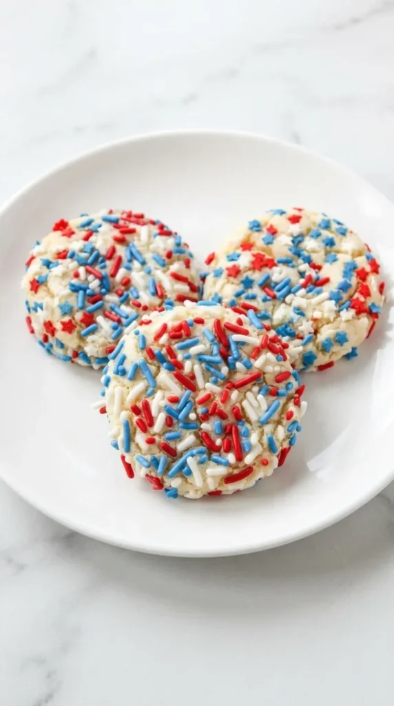 4th of July Sprinkle Cake Mix Cookies That Feel Amazing 6 4th of July Sprinkle Cake Mix Cookies coated in red white and blue sprinkles