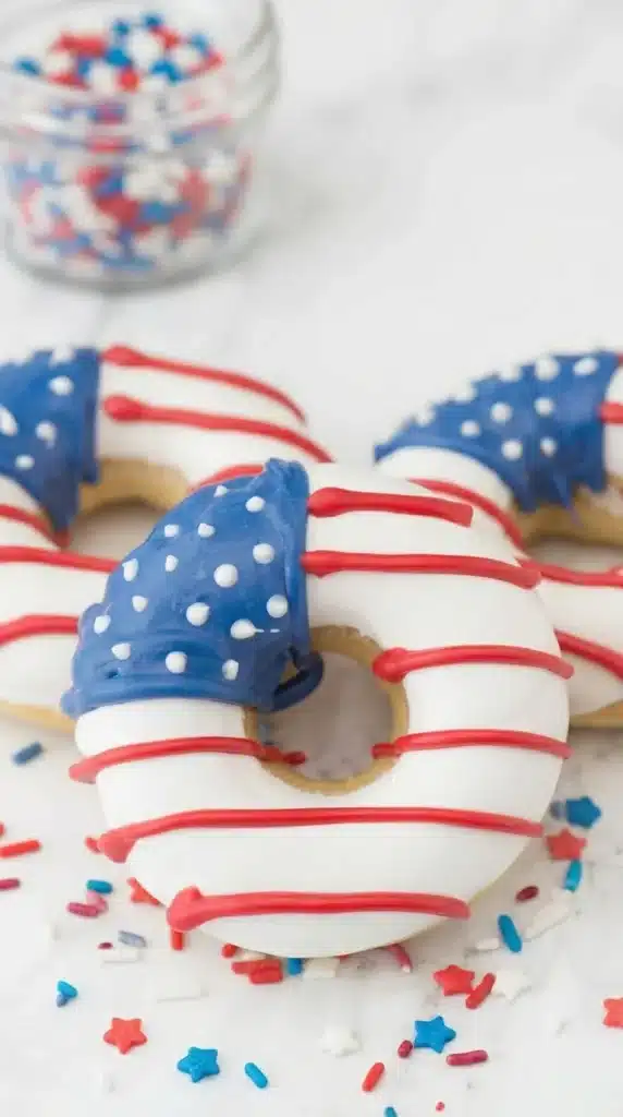 Close up American Flag Donuts with patriotic red white and blue icing